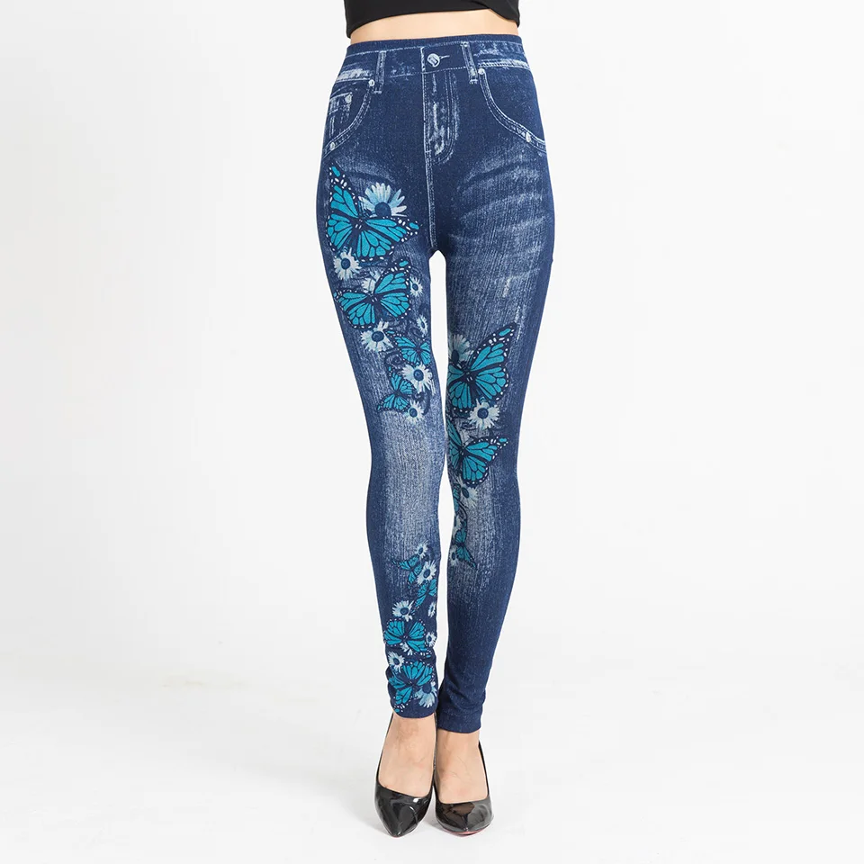 S-XL 2019 Autumn New Women Printed Legging Blue Jeans Slim Fashion Jeggings Leggings False Pockets Woman Fitness Pants Plus Size