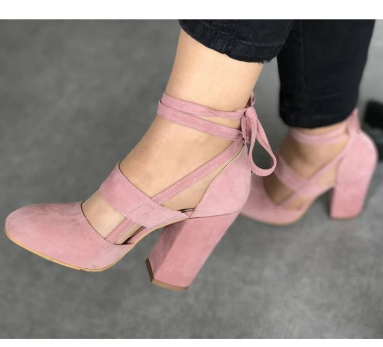 Women's Sexy Round Toe Lace-Up Thick High Heels Pink 2