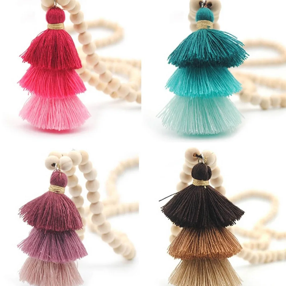 

15 Colors Option!! 2018 Sandal Wood Beads Long Chain 3 Layers Cotton Tassel Pendant Necklaces for Women Gift Perfect Outfit