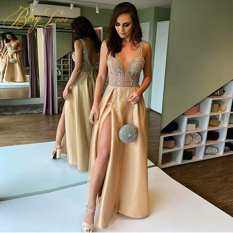 

BeryLove Champagne V Evening Dress 2019 Bead Evening Gown Long Sexy Slit Prom Dress Special Occasion Dress Train Robe De Soire