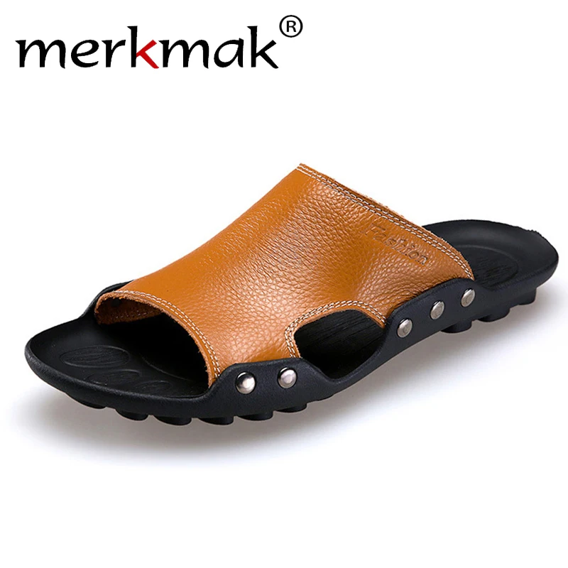 

CASHOW Genuine Leather Slippers Men Summer Sandals Breathable Brand Designer Stylish Shoes Real Leather Seaside Beach Flats