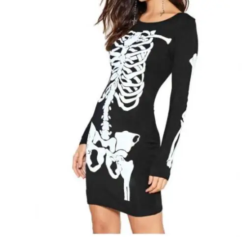 Для женщин карандаш платье осень в стиле «панк» с изображением черепа, с О-образным вырезом с длинным рукавом сексуальные Повседневное скелет Хэллоуин вечерние платья