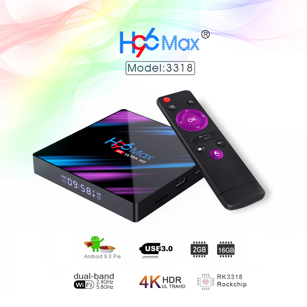 

H96 MAX Android9.0 PK3318 Wireless Smart Bluetooth Set Top Box 2G+16G Double Wifi 4K H.265 Media Player with Digital Display