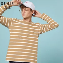 SEMIR мужская полосатая футболка с длинным рукавом для мужчин из хлопка, Классическая трикотажная рубашка в рубчик с круглым вырезом, топ в повседневном стиле