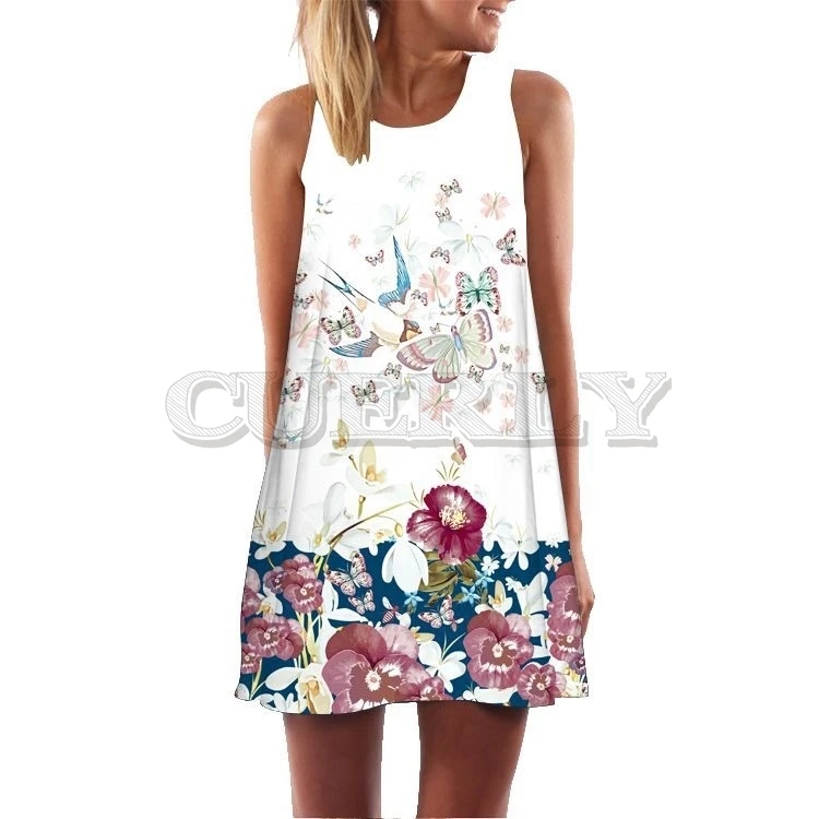 Image 2019 Summer Mini Dress Women Cow Letter Print Sundress Clothing Sleeveless Boho Short Beach Dress Casual Shift Dresses CUERLY