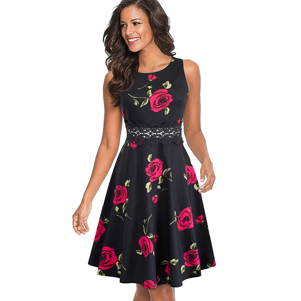 Women Vintage Sleeveless Swing A-line Party Dress Elegant Fit And Flare Tunic Lady Sundress Vestidos EA079
