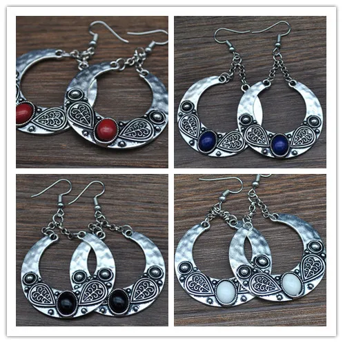 Bohemian Vintage Gem Stone Carved Large Circle Earrings 4Colors Women Antique Silver Drop Dangle Earrings