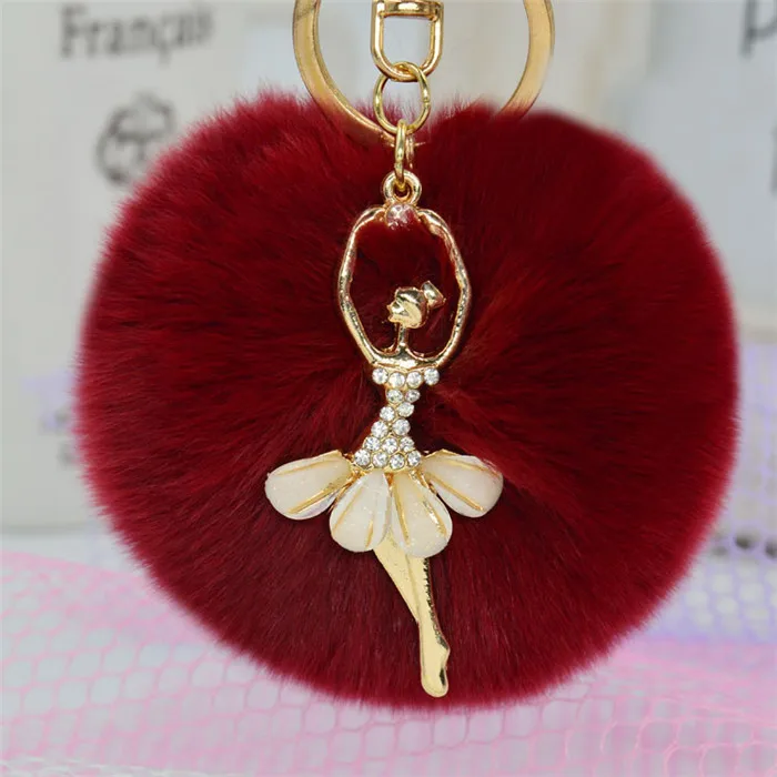 Fashion Crystal Ballet Dancing Fairy Faux Rex Rabbit Fur Ball Pom Pom Gold Key Chains Woman Bag Charms Keyring Car Ring Trinket (1)