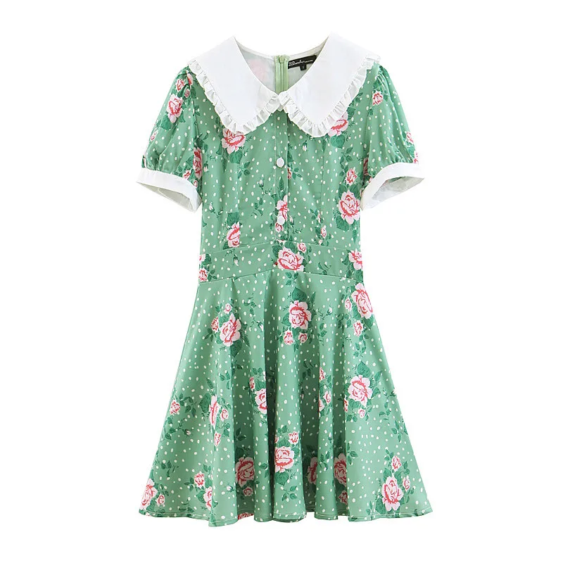 

Women Polka Dot Floral Print Summer Dress Short Sleeve Peter pan Collar Knee-Length Dress With Belt A-Line Dress