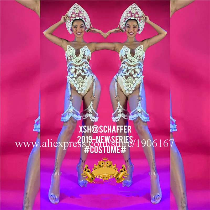 

Ballroom bar sexy lady catwalk show model costume with headdress nightclub stage performance dance team bikini bra party dress