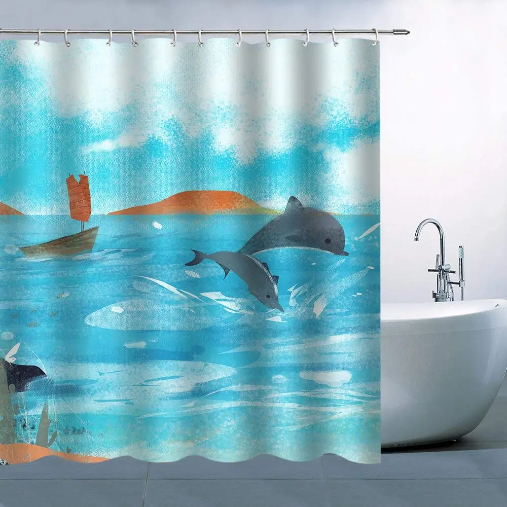Personality Seascape Theme Shower Curtain Blue Sky Sailboat Floating On