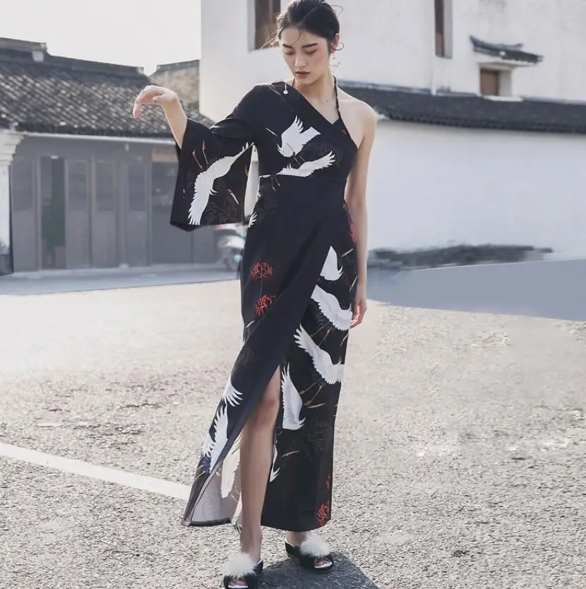 1 Костюм Гейши Obi Yukata женские асимметричные платья кимоно с красной короной журавль халат Винтаж Femme сексуальные японские платья TA1456 - Цвет: 1