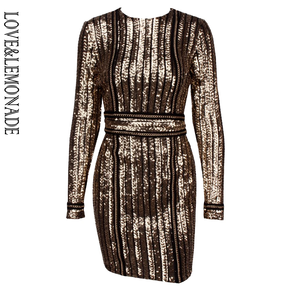 

Love&Lemonade Gold striped sequins metal chain Slim dress TB 9963