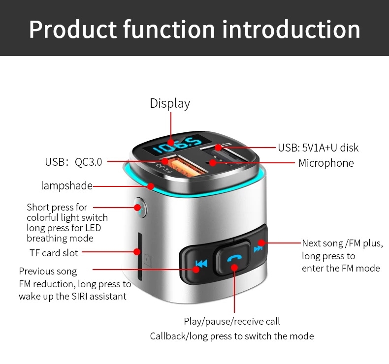 BC41 Bluetooth автомобильное зарядное устройство цветной ночной светодиодный светильник беспроводной MP3-плеер U диск/TF карта Hands-free вызов fm-передатчик автомобильный комплект