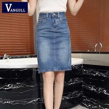 

VANGULL Women High Waist Jean Skirt 2019 Spring Summer Korean New Blue Color slim wild after split end Knee-Length Denim Skirt