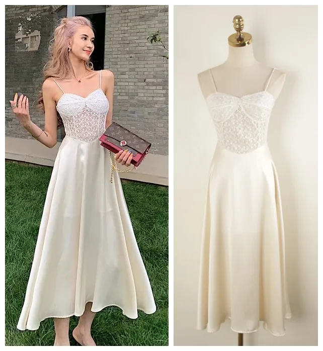 

New 2019 The retro court dress of embroidered lace stitching Satin light apricot suspended dress