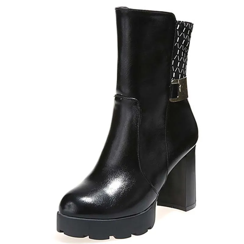 

Big Size 34-43 Advanced PU Leather Mid-Calf Round Toe Zip Square High Heel Boots For Women 3-color New Fashion Boots