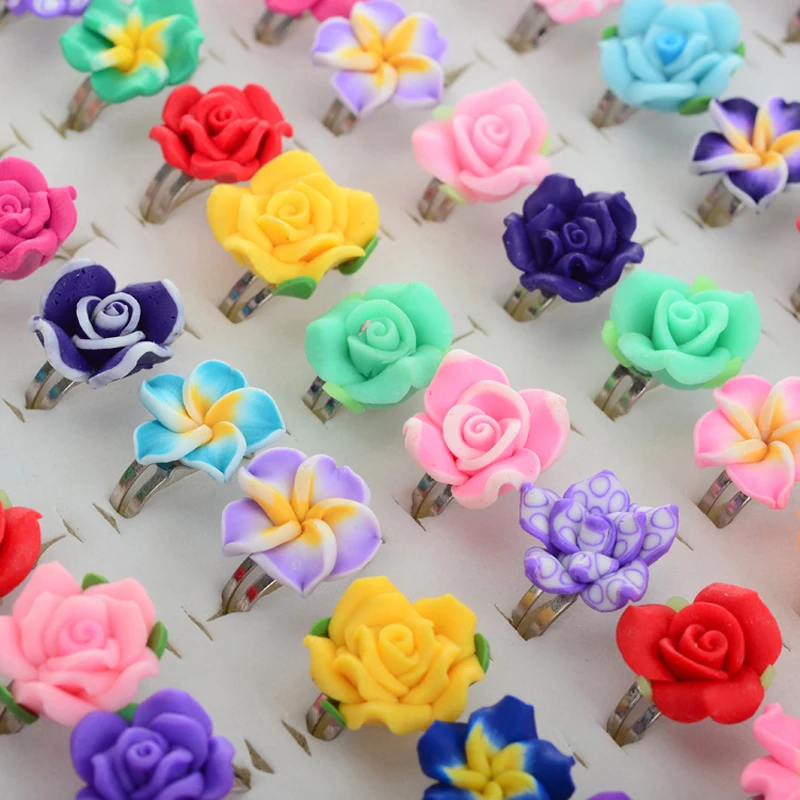 Wholesale 100Pcs/Lots Bulk Mixed Polymer Clay Children Girl Finger Rings Flower Animals Fruits Ring For Kids Party Jewelry Gifts