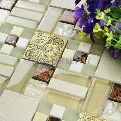 glass mosaic mixed stone with shell gold resin
