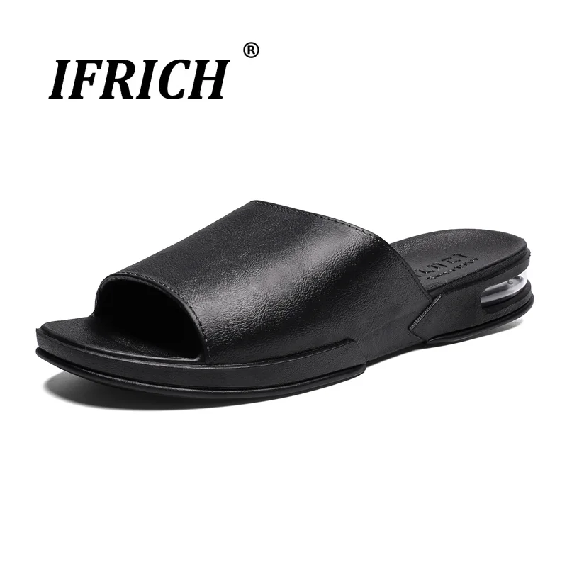 

Popular 2019 Mens Slides Indoor Slippers Original Slippers Men Pu Leather Summer Slippers Men Hard-Wearing Beach Shoe Black Gray