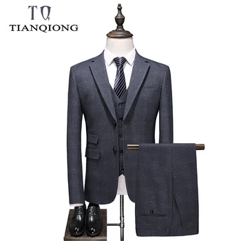 

2019 Single Breasted Plaid Suit Men Brand Classic 3 Piece Mens Wedding Suits Apricot Khaki Grey Men's Formal Suits Party Wear
