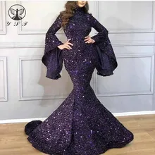 Сексуальные платья с высоким воротником, шикарные вечерние платья с длинным рукавом с блестящим шлейфом