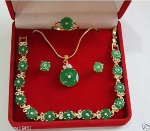

Jewelry 001258 18k GP real nature green emerald jade necklace bracelet earring ring
