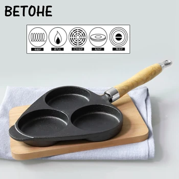 

3 Holes Omelette Frying Pan Cast Iron Fried Egg Steak Hamburg Dumplings Pot Mini Device Cake Mould with wood handle nonstick