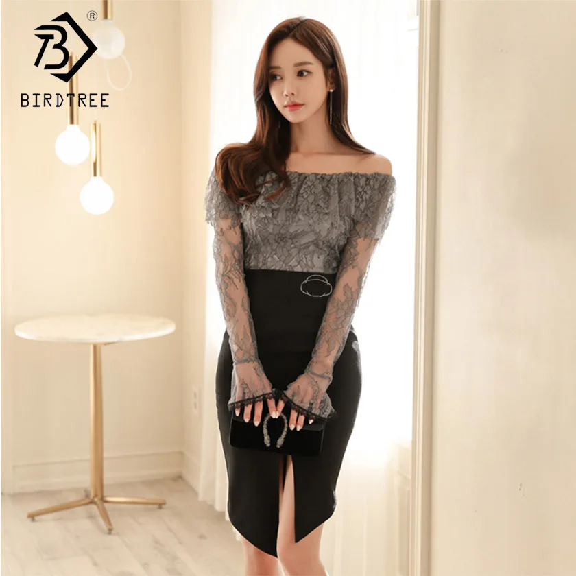 

Spring Women Set Lace Hollow Out Ruffles Off Shoulder Tops Split Zipper Skirt Long Flare Sleeve Office Lday Slim Suit S91205I