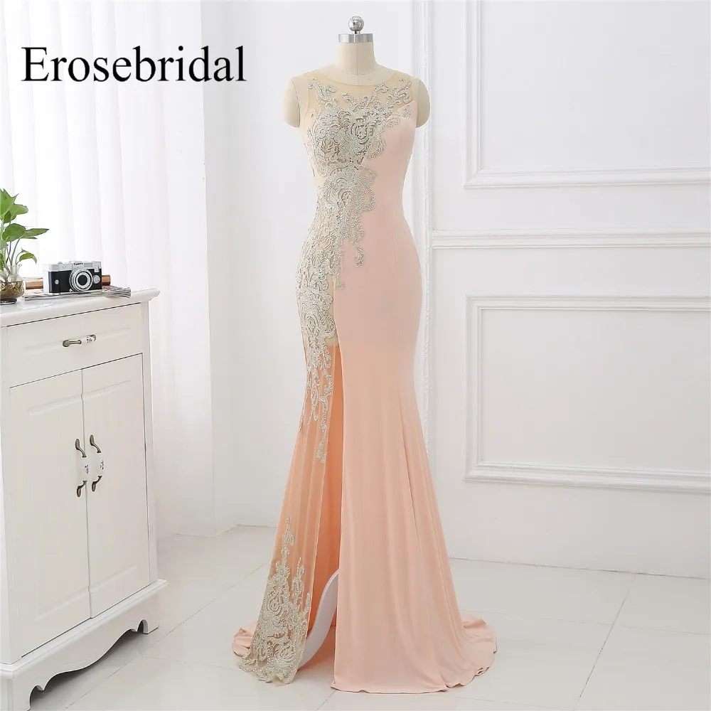 

Erosebridal Sexy Illusion Side Mermaid Prom Dress Long 2019 New Party Gowns with Sweep Train Unique Lace Design Front Split
