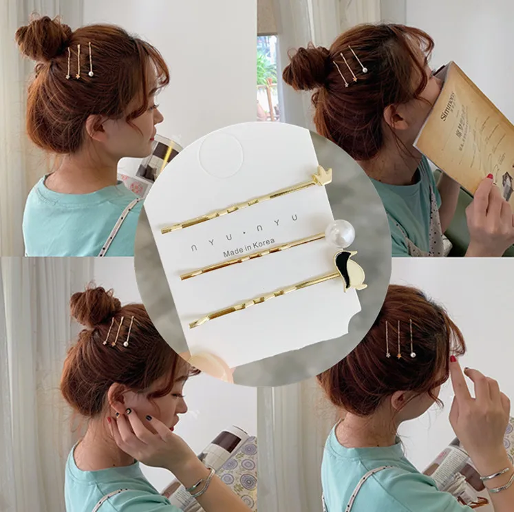 

Fresh Gold Color Pearl Crown Penguin Cute Hair Clips Set for women Fashion Girls Vintage Slim Hair Barrettes Jewelry Accessories