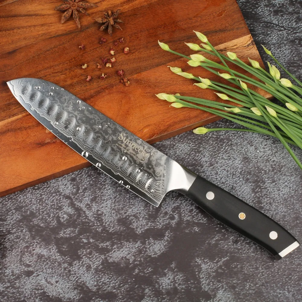 SUNNECKO " дюймовый нож шеф-повара Santoku кухонные ножи резак инструмент японский Дамаск VG10 сталь острое лезвие 60HRC G10 шлифовальная ручка