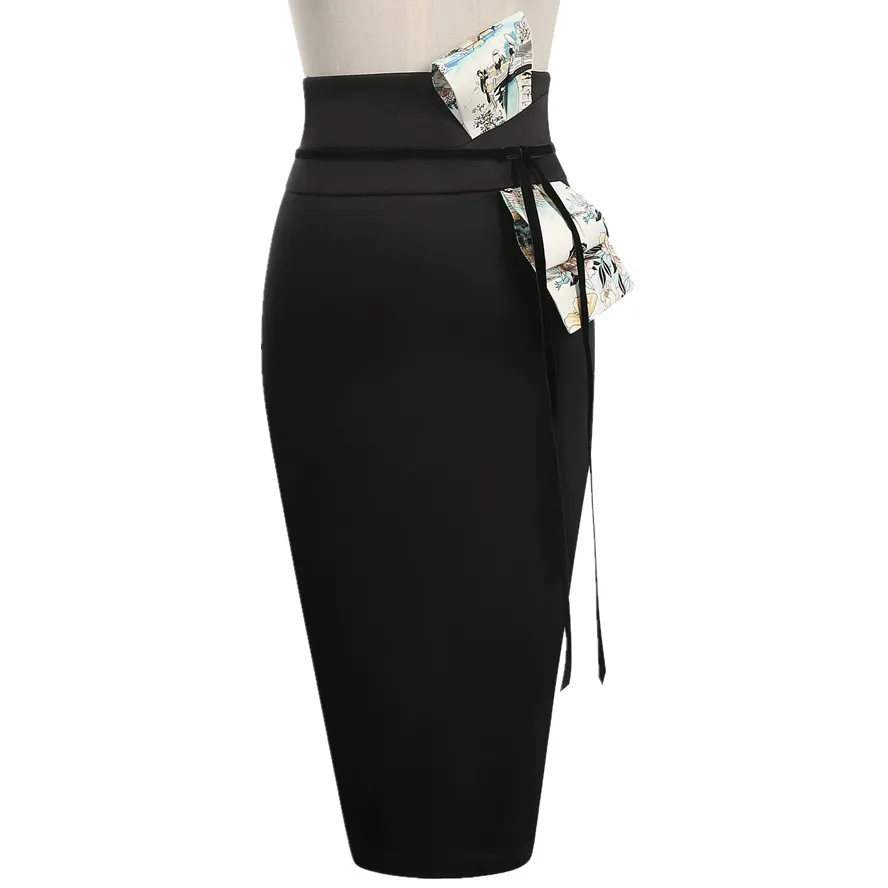 

35- women vintage 50s black Japan floral print waistband bow midi wiggle pencil skirt pinup saia plus size eleagnt jupe