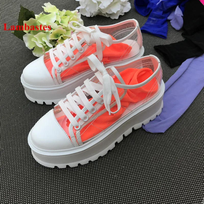

2019 Hot Spring Round Toe Shoes Women PVC Transparent Platform Designer Lace Up Women Pumps Shallow Cozy Casual Shoes Mujer