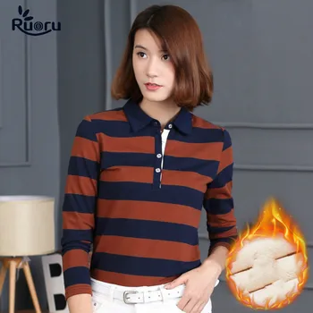 

Ruoru Winter Striped Thick Polo Shirt Women Cotton Polo Women Fashion Slim Women Polo Shirt Long Sleeve Black Color Ladies Tops