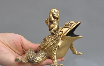 

6" China Folk Fengshui pure Brass Frog Boy Bufo Toads Wealth Lucky Art Statue