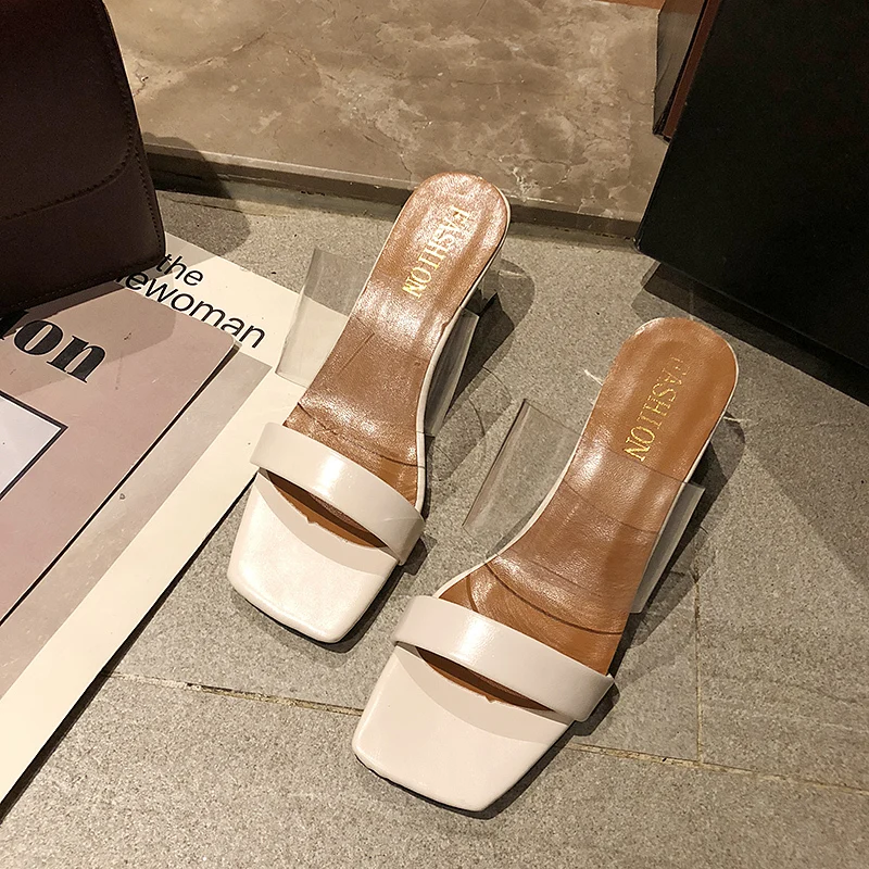 

Trendy Transparent Slip On Women Slippers Square Heel Open Toe Women Sandals Summer Outdoor Party Office Soft Women Shoes
