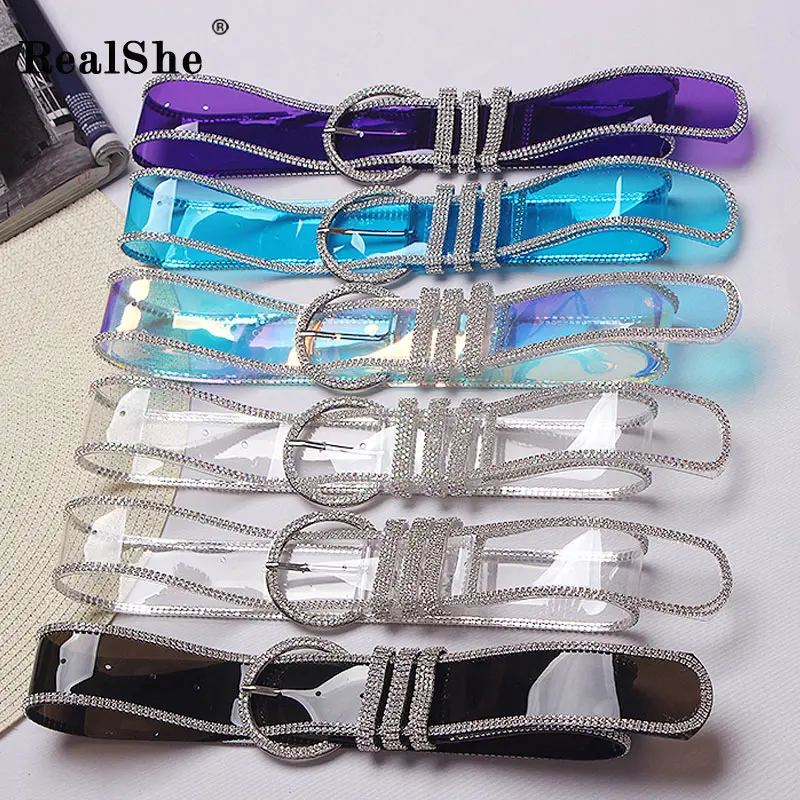 

RealShe 2018 New PVC Belt Womens Transparent Diamond Wide Belts All-match Leisure Jeans Show Long Simple Slim Lady Girdle