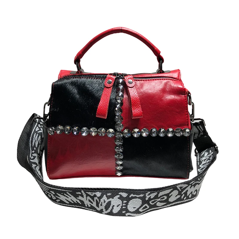 

Shoulder bag Women's bag 2018 New style splice drill bag single shoulder oblique satchel soft bag with diamond insert handbag