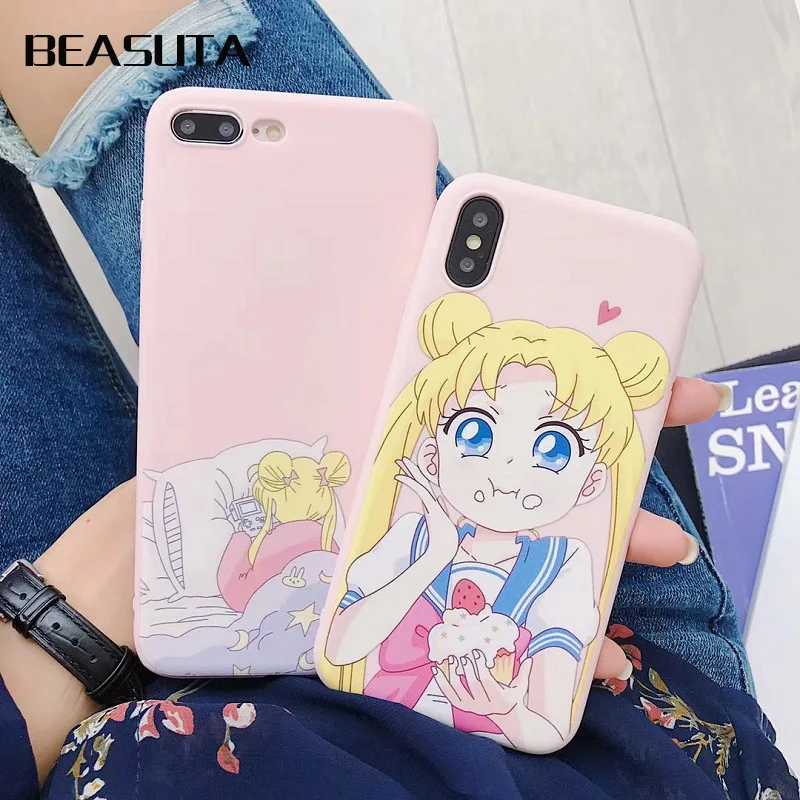 

Pink Stylish Cartoon Sailor Moon Matte Soft TPU Back Full Cover Case For iPhone X 8/6s 7plus XS MAX Skinny Shell Protection