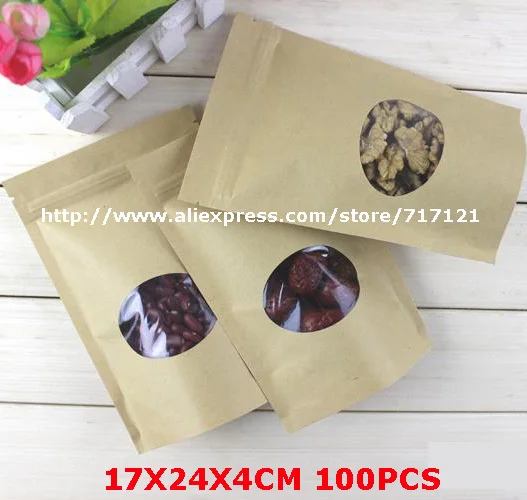 17 см * 24 + 4 100 шт./лот встаньте молнии/zip lock мешок крафт бумаги с окном хорошее
