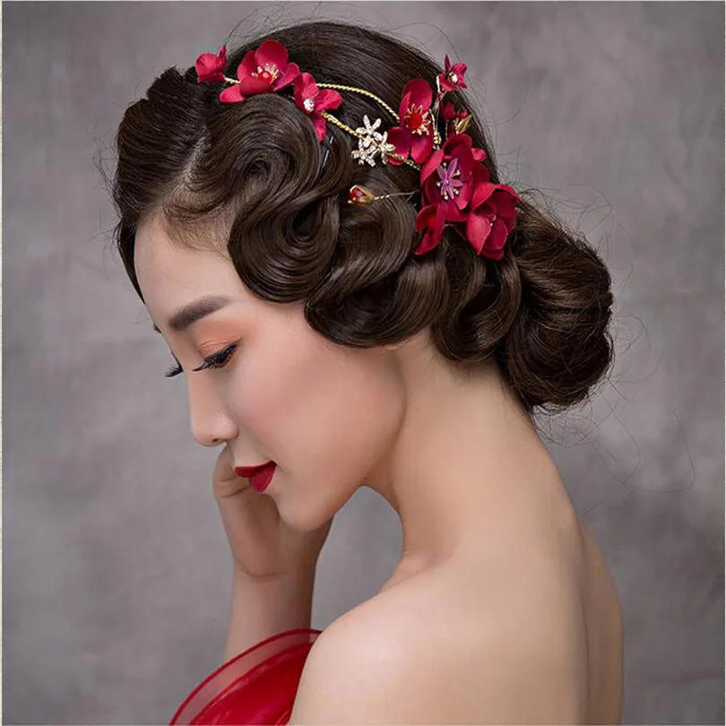 1296 9 De Réductionpakistanais Mariée Coiffures Or Feuilles Papillon Mariage Cheveux Accessoires Fleur Rouge Mariée Perle Casque Fête Tête