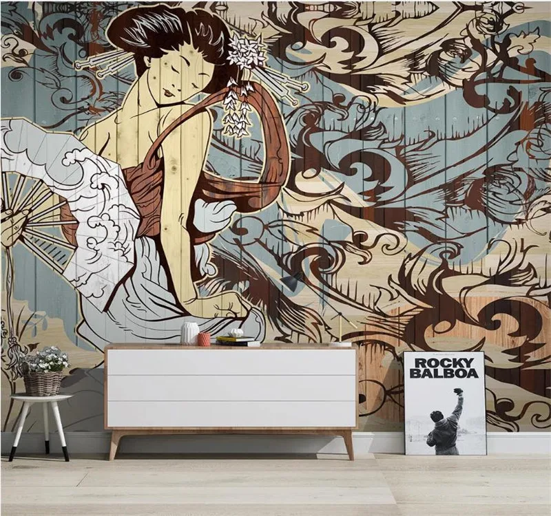 Custom 3D Wallpaper Japanese ukiyo-e painted wood grain modern minimalist TV background wall painting - silk waterproof material Custom 3D Wallpaper Japanese ukiyo-e painted wood grain modern minimalist TV background wall painting - silk waterproof material