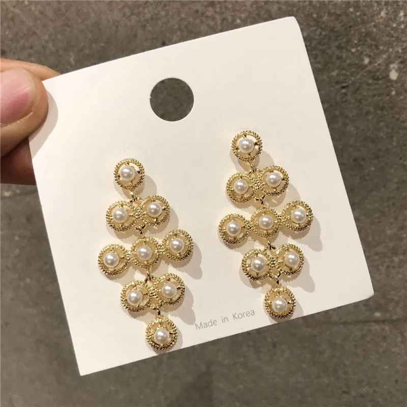 

MENGJIQIAO 2019 Korean New Fashion Temperament Simulated Pearl Statement Drop Earrings For Women Bijoux Long Dangle Pendientes