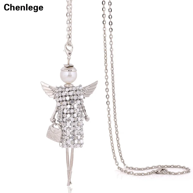 

handmade new sweater CZ chain long necklace angel wings full rhineston doll necklace jewelry women chokers crystal girl pendant