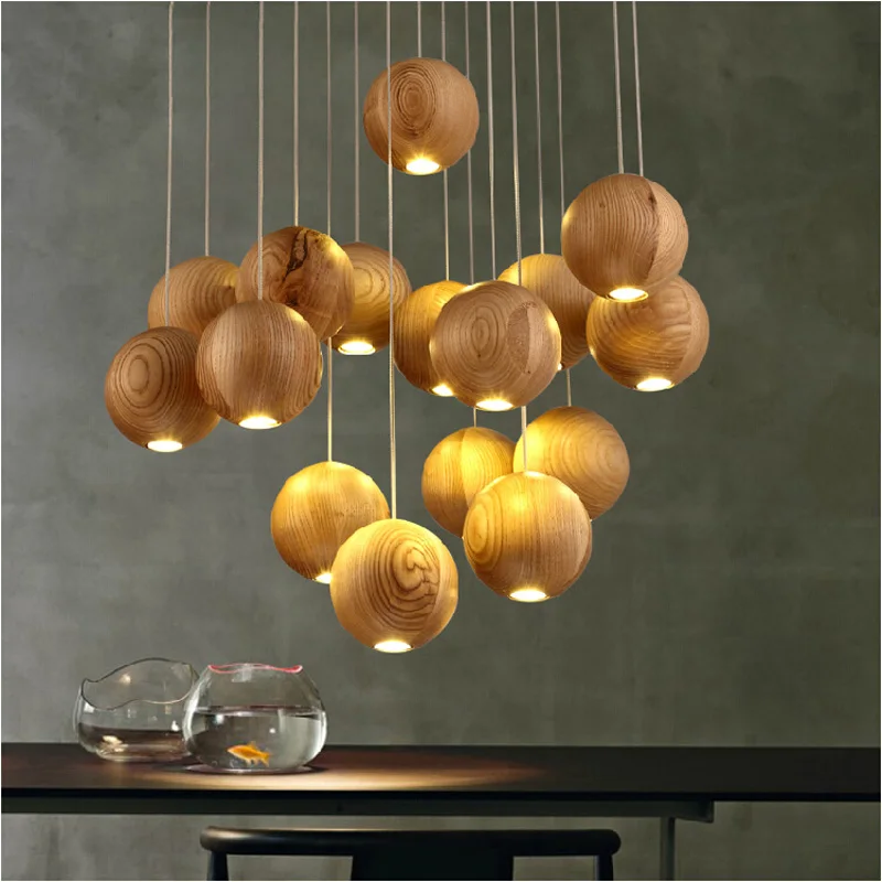 Modern Art Wooden ball Pendant Lights Hanging Wood Pendant Lamps Dinning Room Restaurant Light