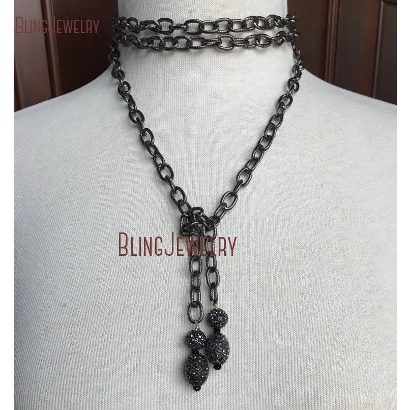 Lariat Gunmetal Chain Multi Wrap Necklace With Pave Crystal Ball And