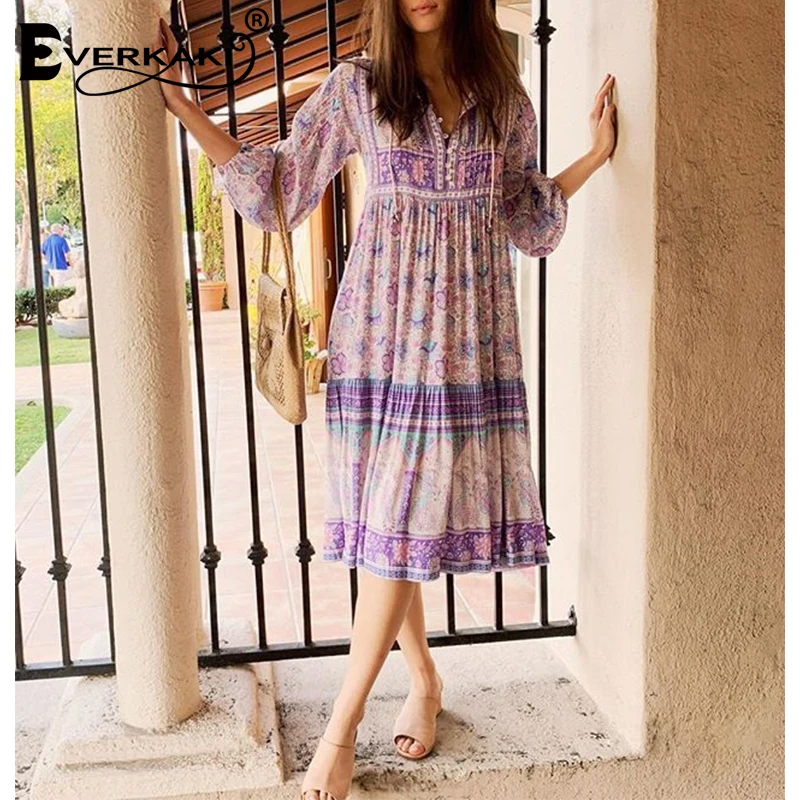 

Everkaki Bohemian Print Long Dress With Long Sleeve Purple Violet Shirt Dresses For Women Loose Cotton Women Dress 2019
