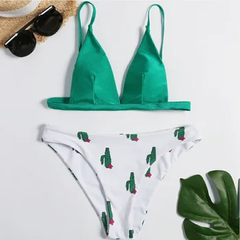 

Sexy Push Up Bikini Set Cactus Print Swimwear Brazilian Bikinis Women Triangle Cut Out Bathing Suit Beach Wear Maillot De Bain