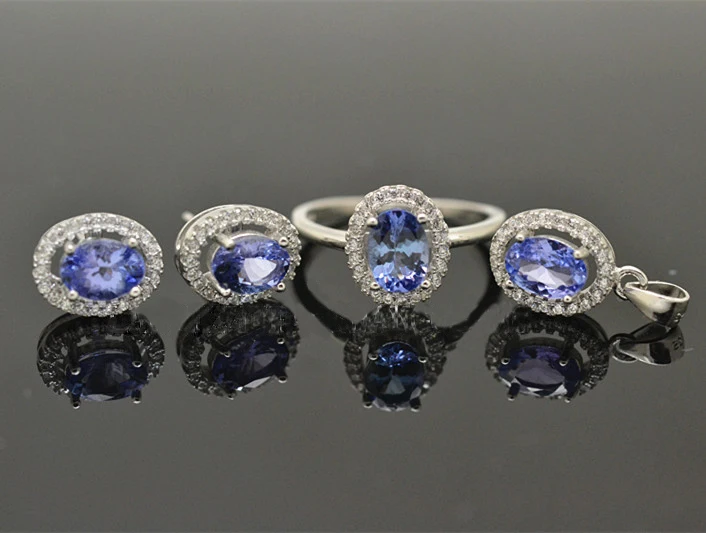 Новинка года Танзанит синий драгоценный камень 925 стерилизация серебряные свадебные украшения набор серьги гвоздики Кольца Подвеска принцессы